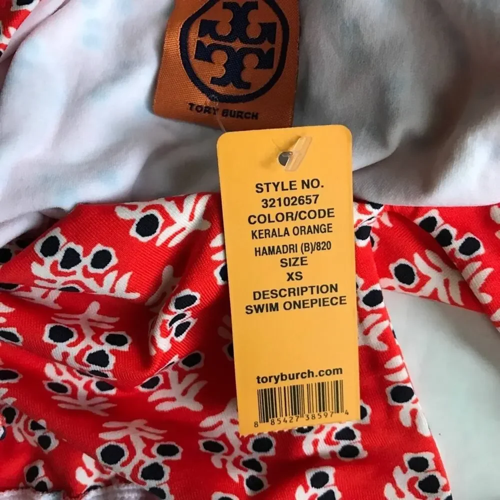Tory Burch XS Hamadri Floral Swimsuit Red Orange One Piece Cutout Reg $250+ NWT